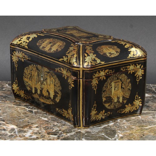 398 - A 19th century Chinese export lacquer tea caddy, decorated in gilt, hinged cover enclosing a pair of... 