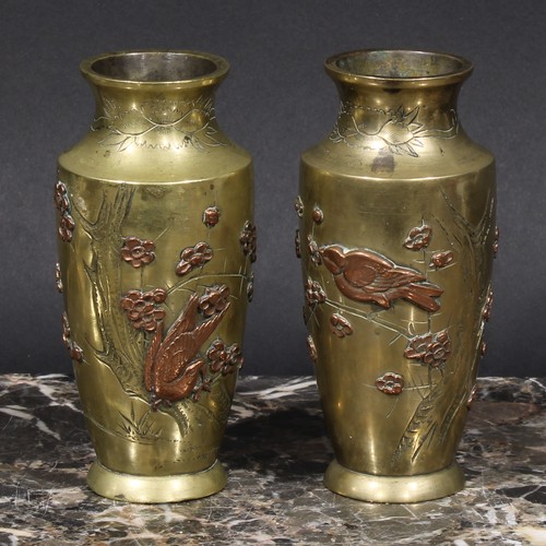 373 - A pair of Japanese bronze and mixed metal ovoid vases, applied with birds and blossoming prunus, 12c... 