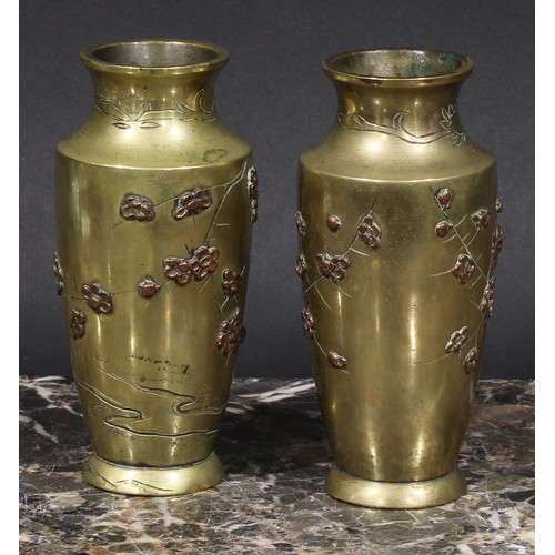 373 - A pair of Japanese bronze and mixed metal ovoid vases, applied with birds and blossoming prunus, 12c... 