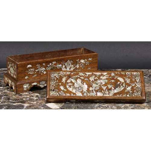 397 - A  Chinese hardwood and mother of pearl marquetry rectangular box and cover, profusely inlaid, 24.5c... 