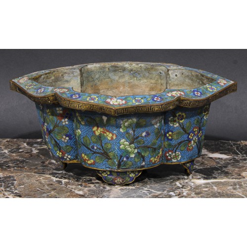 440 - A Chinese cloisonne enamel lotus shaped cache pot, decorated with flowers and blossoming prunus, 24.... 