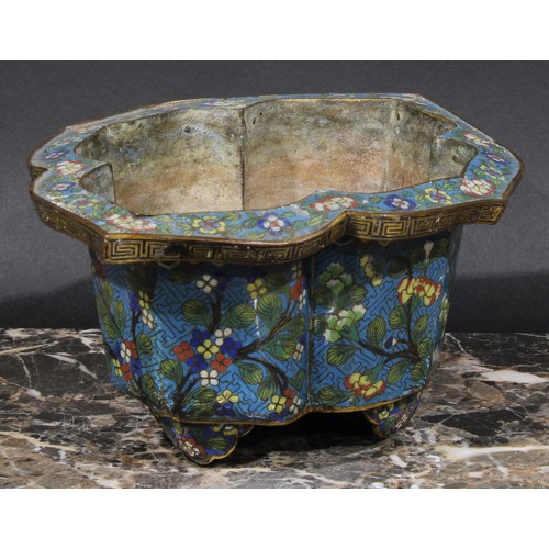 440 - A Chinese cloisonne enamel lotus shaped cache pot, decorated with flowers and blossoming prunus, 24.... 