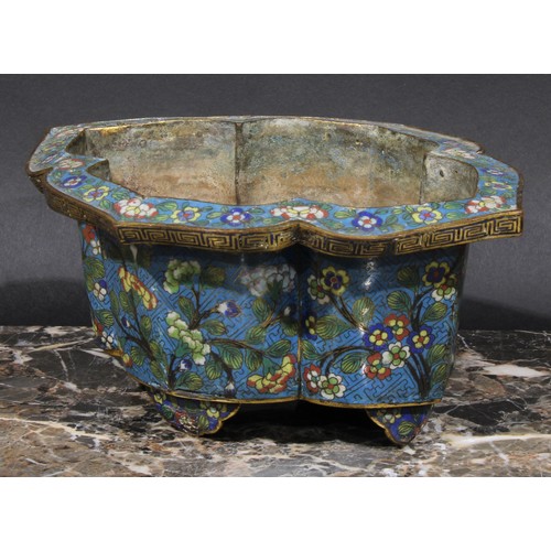 440 - A Chinese cloisonne enamel lotus shaped cache pot, decorated with flowers and blossoming prunus, 24.... 