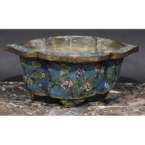 440 - A Chinese cloisonne enamel lotus shaped cache pot, decorated with flowers and blossoming prunus, 24.... 