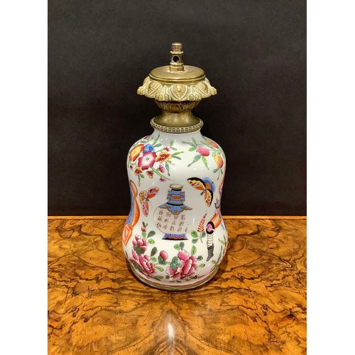 420 - A Chinese porcelain waisted gourd shaped vase, mounted as a table lamp, decorated in the famille ros... 