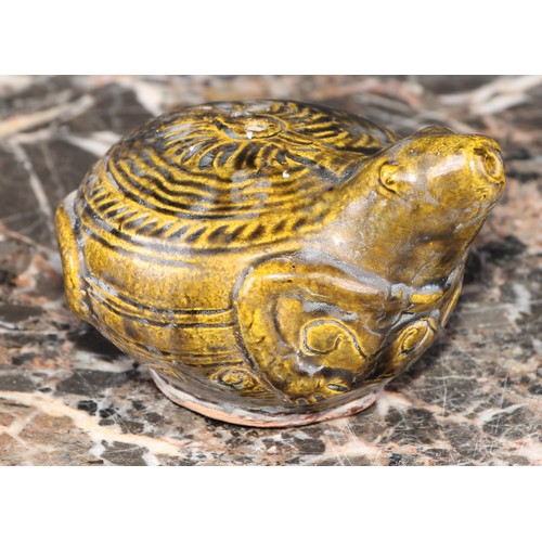 450 - A Chinese terracotta water dropper, as a stylised animal, olive green glaze, 10cm long