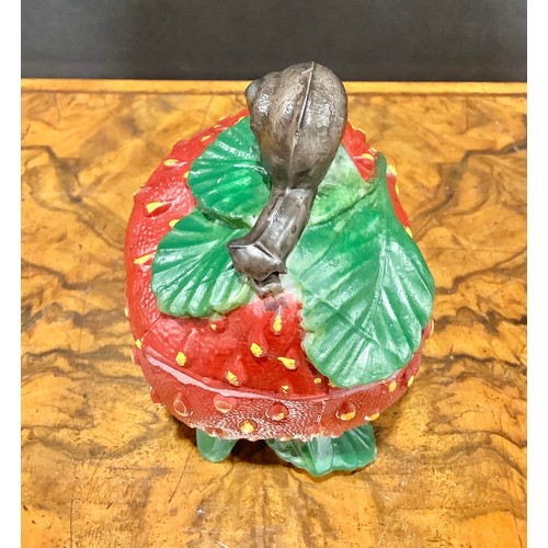 2187 - A Vallerysthal pressed glass novelty box and cover, as a strawberry, 12cm long