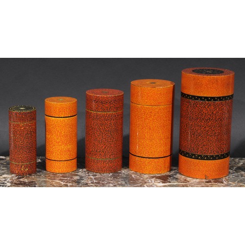 2038 - A graduating and stacking set of Kashmiri cylindrical boxes, the largest 17cm high