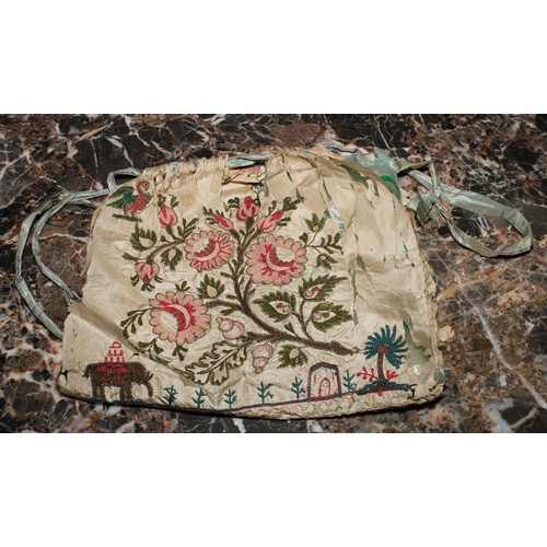 1873 - Textiles - an 18th century silk drawstring bag, embroidered with a flowering leafy branch, an Indian... 