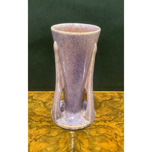 59 - An Ashby Guild tri-handled flared cylindrical vase, purple and pink mottled glaze, 24cm high, impres... 