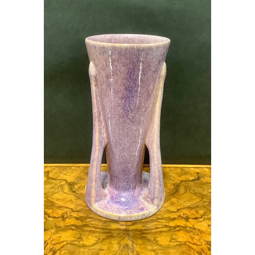 59 - An Ashby Guild tri-handled flared cylindrical vase, purple and pink mottled glaze, 24cm high, impres... 