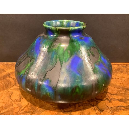 27 - A Minton Hollins Astra Ware baluster vase, glazed in streaked purple tones, 22cm high, printed mark;... 