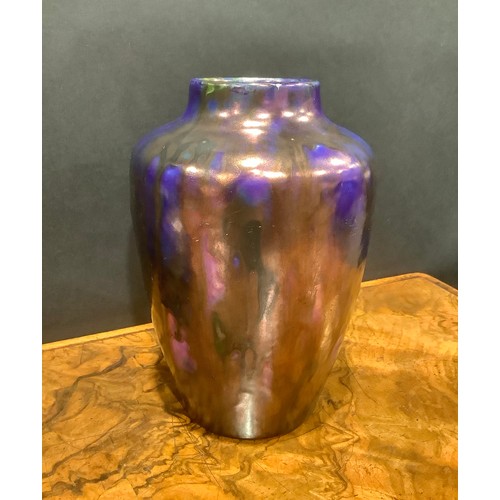 27 - A Minton Hollins Astra Ware baluster vase, glazed in streaked purple tones, 22cm high, printed mark;... 