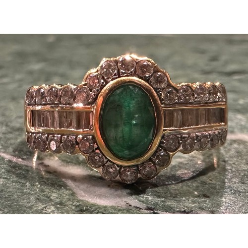 933 - An emerald and diamond ring, central collar set oval emerald approx 0.60ct, within pave diamond cres... 