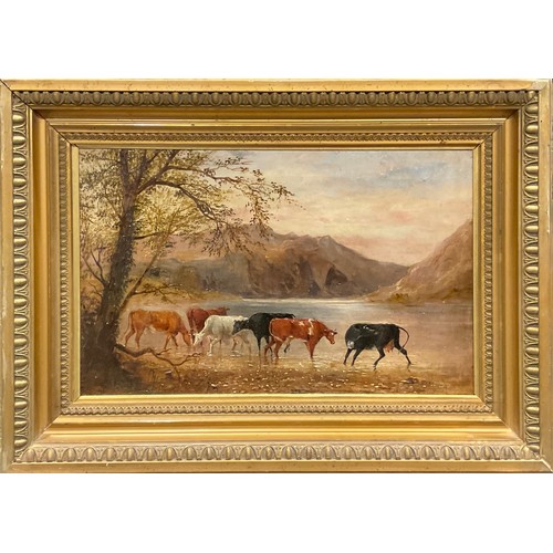 1066 - English School (19th century)
Cattle Watering
oil on canvas, 29cm x 47cm