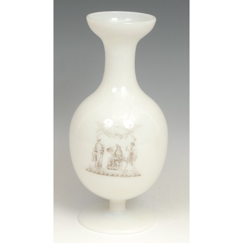 291 - A George Bacchus and Sons vitrified opaque white glass pedestal bottle vase, monochrome engraved wit... 