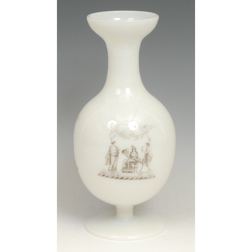 291 - A George Bacchus and Sons vitrified opaque white glass pedestal bottle vase, monochrome engraved wit... 