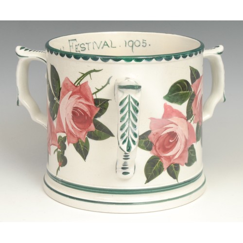 240 - A large Bristol Pottery tyg, typically painted with red cabbage roses and green foliage, probably Ge... 