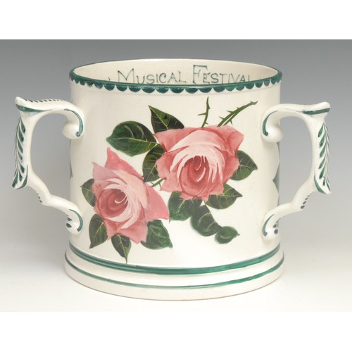 240 - A large Bristol Pottery tyg, typically painted with red cabbage roses and green foliage, probably Ge... 