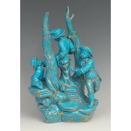 261 - A mid 19th century Sevres style figure group, depicting children at play, turquoise glaze, picked ou... 