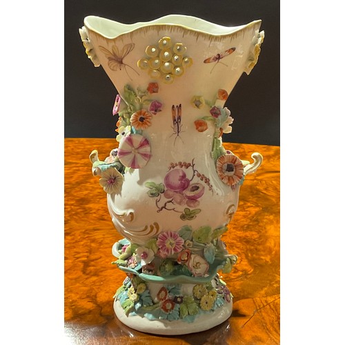 220 - A Derby Patch Mark frill vase, pierced flared neck, small scroll handles, painted with fanciful bird... 