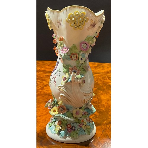 220 - A Derby Patch Mark frill vase, pierced flared neck, small scroll handles, painted with fanciful bird... 