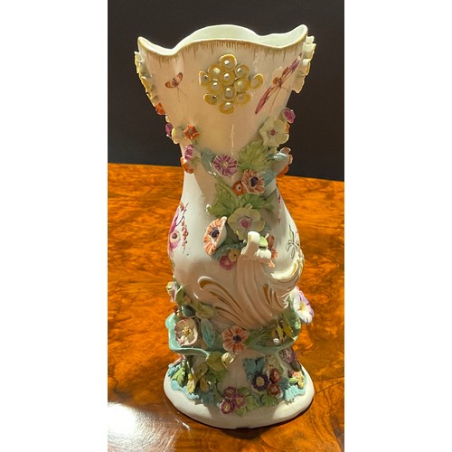 220 - A Derby Patch Mark frill vase, pierced flared neck, small scroll handles, painted with fanciful bird... 