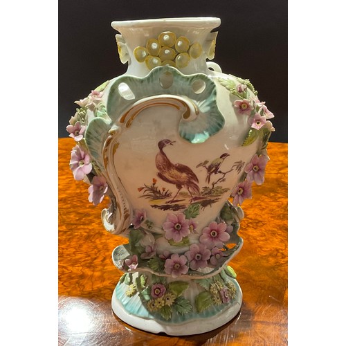 221 - A Derby Patch Mark Rococo style pedestal vase, painted in polychrome with fanciful birds, encrusted ... 