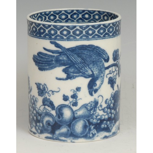 124 - A Caughley Parrot Pecking Fruit pattern mug, decorated in underglaze blue, cell border, 8cm high, cr... 