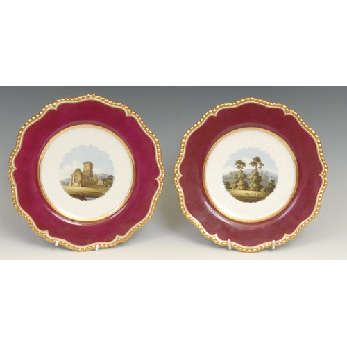 141 - A pair of Flight Barr & Barr Worcester Named View plates, Malvern Hills from Broughton House near Wo... 