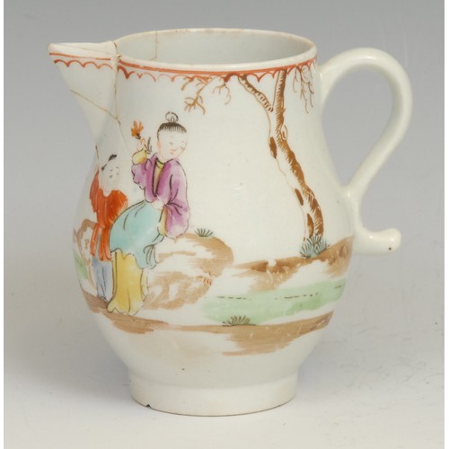138 - A Lowestoft sparrow beak jug, decorated in polychrome enamels with Oriental figures, below a crowsfo... 