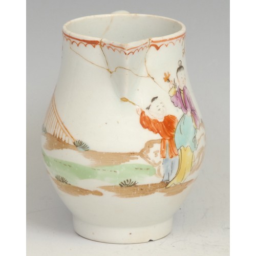 138 - A Lowestoft sparrow beak jug, decorated in polychrome enamels with Oriental figures, below a crowsfo... 