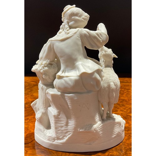143 - A Samuel Alcock & Co. Parian figure, of a young lady giving a dog a drink, 19cm high, printed mark i... 