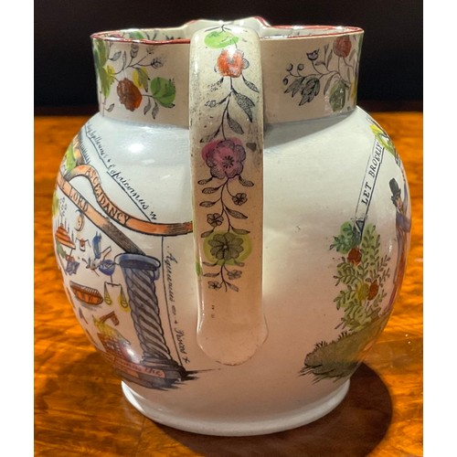 96 - A George IV pottery jug, commemorating William of Orange, one side transfer-printed with a panel of ... 