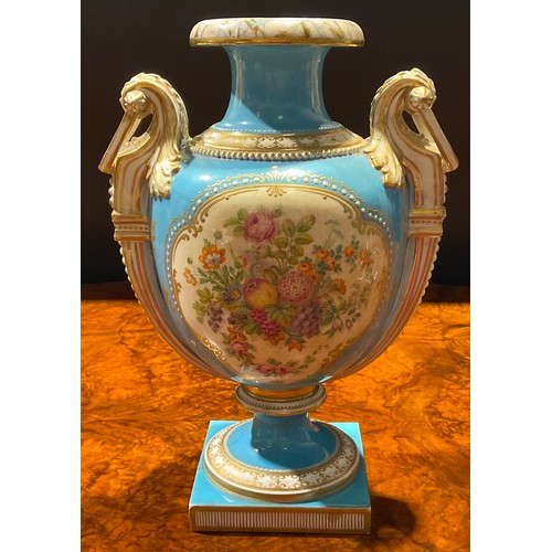 174 - A Coalport two-handled pedestal ovoid vase, painted to front and verso with colourful summer flowers... 
