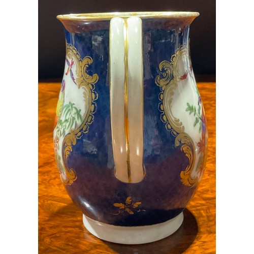 184 - A large Worcester bell shaped mug, painted with fanciful birds within gilt cartouches, the scale blu... 