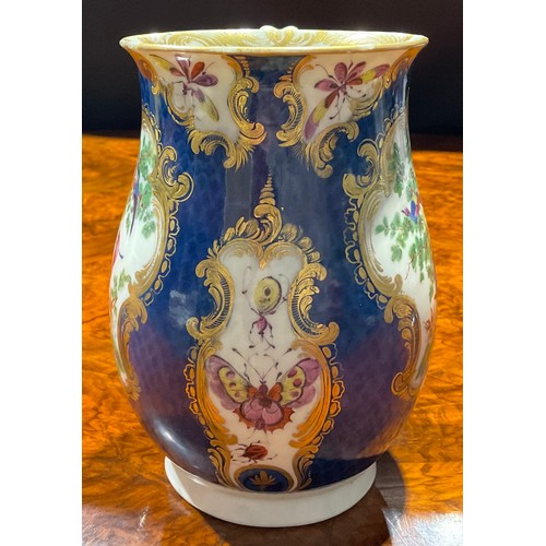 184 - A large Worcester bell shaped mug, painted with fanciful birds within gilt cartouches, the scale blu... 