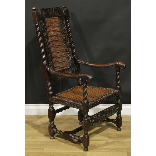 1291 - A 19th century Charles II Revival armchair, carved and caned in the traditional Carolean manner, 117... 