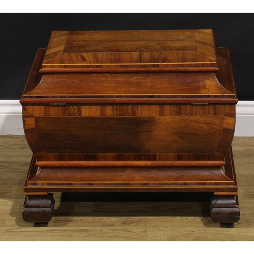 1527 - A 19th century rosewood sarcophagus liquor chest, hinged top enclosing an arrangement of parcel-gilt... 