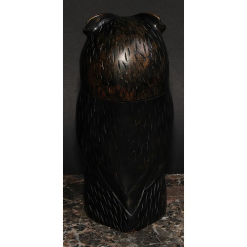 2148 - An early 20th century ebonised novelty string box, as an owl, glass eyes, 18.5cm high