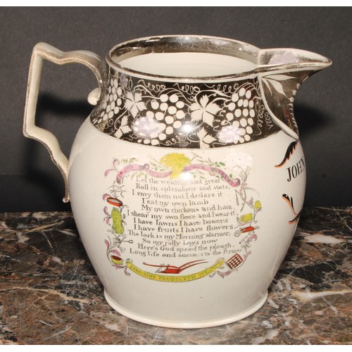 121 - An early 19th century pearlware resist lustre ovoid jug, printed and hand tinted with God Speed The ... 