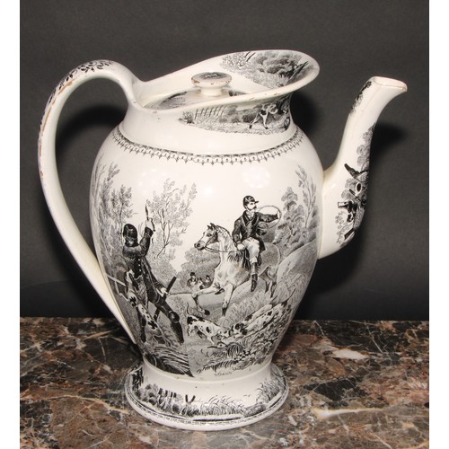 117 - A large Victorian Staffordshire teapot and cover, transfer printed in black, with fox hunting and ha... 