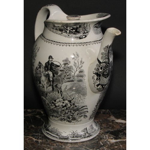 117 - A large Victorian Staffordshire teapot and cover, transfer printed in black, with fox hunting and ha... 