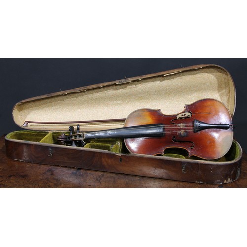 2560 - A violin, the two-piece back 35.5cm long excluding button, ebonised tuning pegs, outlined throughout... 