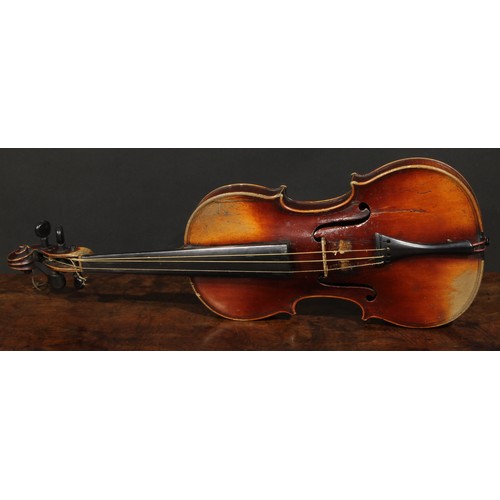 2560 - A violin, the two-piece back 35.5cm long excluding button, ebonised tuning pegs, outlined throughout... 