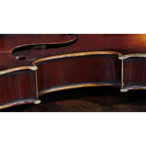 2560 - A violin, the two-piece back 35.5cm long excluding button, ebonised tuning pegs, outlined throughout... 