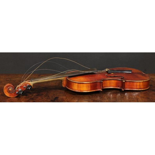 2567 - A violin, the two-piece back 36cm long excluding button, ebonised tuning pegs, 60cm long overall, th... 