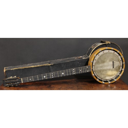 2555 - A banjo, outlined with boxwood stringing, 90cm long, cased, early 20th century