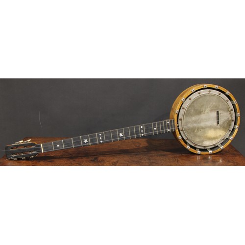 2555 - A banjo, outlined with boxwood stringing, 90cm long, cased, early 20th century