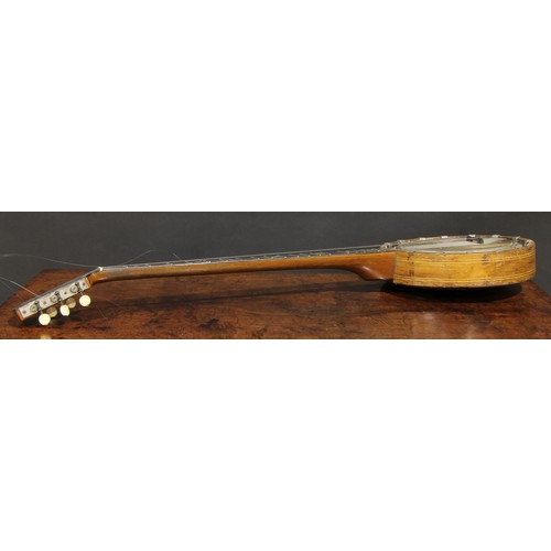 2555 - A banjo, outlined with boxwood stringing, 90cm long, cased, early 20th century